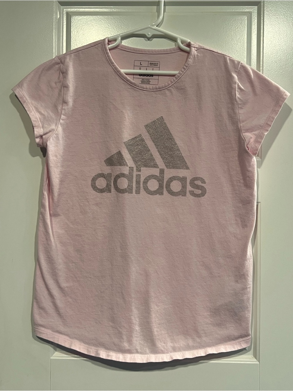 adidas Light Pink Short Sleeve Tee with Silver Glitter Logo